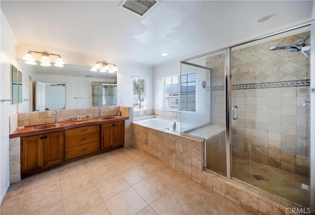 full bathroom with ornamental molding, a stall shower, tile patterned floors, visible vents, and a garden tub