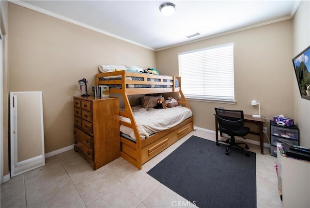 bedroom featuring ornamental molding, visible vents, baseboards, and light tile patterned floors