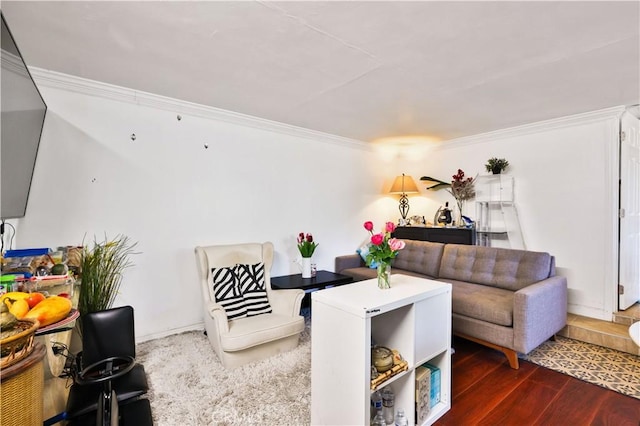 living room with ornamental molding and wood finished floors