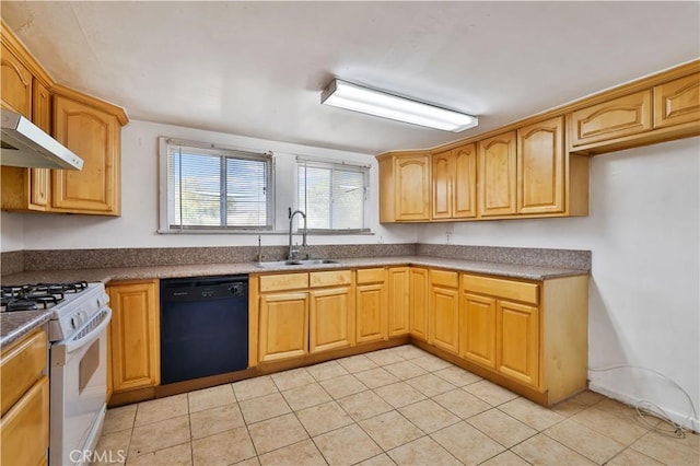 kitchen with dishwasher, a sink, wall chimney range hood, gas range gas stove, and light tile patterned flooring