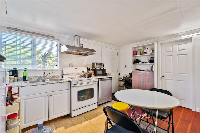 kitchen featuring white range with gas cooktop, open shelves, under cabinet range hood, dishwasher, and a sink