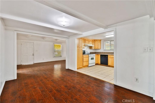 kitchen with black dishwasher, white range with gas stovetop, under cabinet range hood, light wood-style floors, and light brown cabinetry