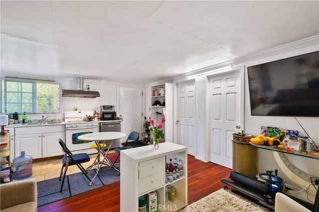 kitchen with open shelves, dishwasher, a sink, light countertops, and white range with gas cooktop