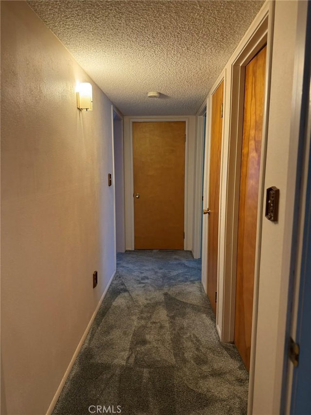 hall with carpet flooring and a textured ceiling