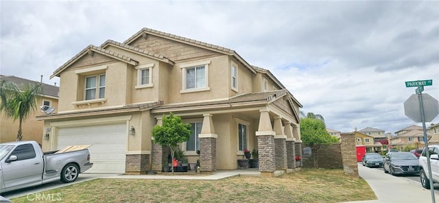 37280 Parkway Dr, Beaumont, CA 92223 - craftsman-style house with driveway, stone siding, a garage, and stucco siding