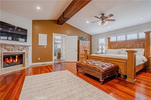 424 Camino De Encanto, Redondo Beach, CA 90277 - bedroom featuring wood finished floors, a premium fireplace, vaulted ceiling with beams, baseboards, and recessed lighting