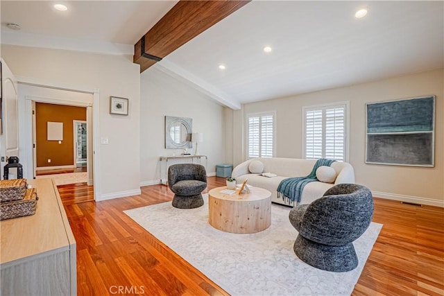 424 Camino De Encanto, Redondo Beach, CA 90277 - living area featuring light wood-style flooring, lofted ceiling with beams, baseboards, and recessed lighting