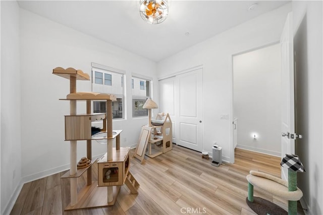 sitting room with baseboards and light wood finished floors
