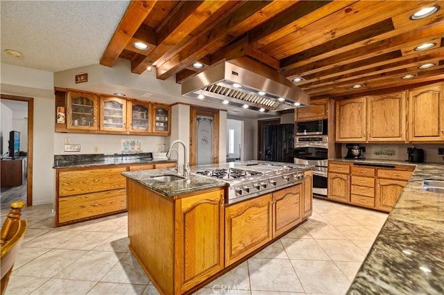41018 40th St W, Palmdale, CA 93551 - kitchen with a sink, extractor fan, appliances with stainless steel finishes, a center island with sink, and light tile patterned floors