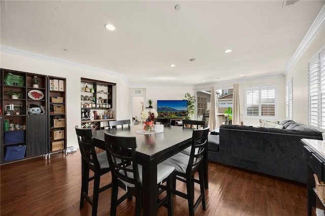 5384 Palestrina Way, Fontana, CA 92336 - dining area with dark wood-type flooring, ornamental molding, and recessed lighting