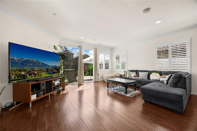 5384 Palestrina Way, Fontana, CA 92336 - living area featuring crown molding, baseboards, recessed lighting, and wood finished floors
