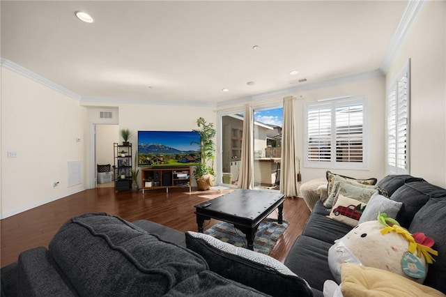 5384 Palestrina Way, Fontana, CA 92336 - living room featuring visible vents, ornamental molding, and wood finished floors