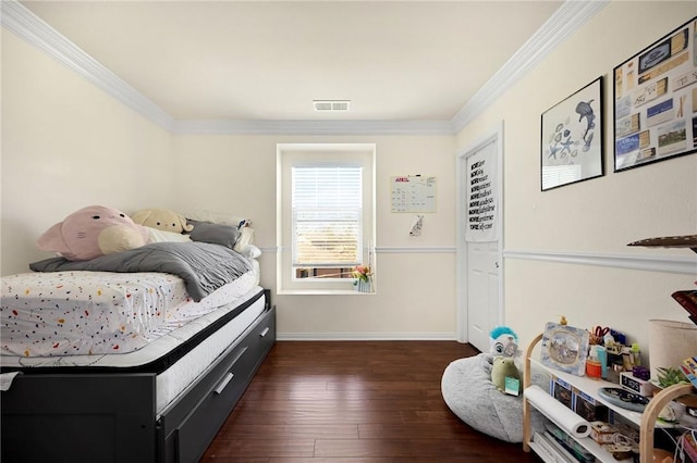 5384 Palestrina Way, Fontana, CA 92336 - bedroom with baseboards, visible vents, dark wood-style flooring, and crown molding