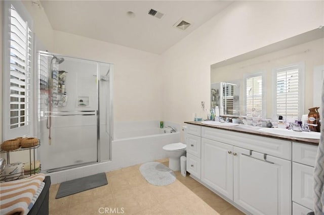 5384 Palestrina Way, Fontana, CA 92336 - bathroom with a sink, visible vents, vaulted ceiling, and a garden tub