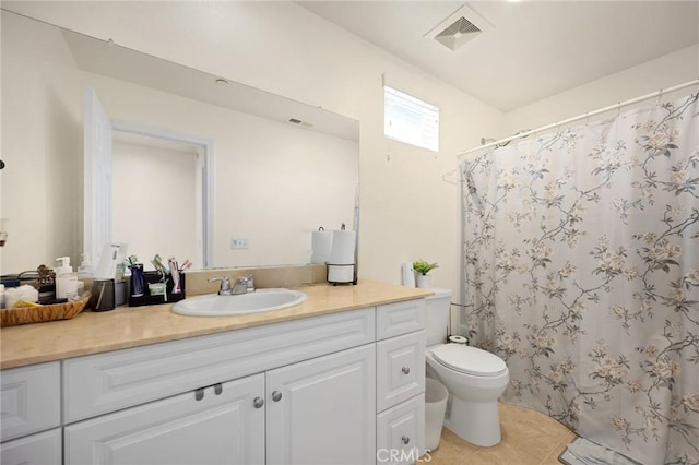 5384 Palestrina Way, Fontana, CA 92336 - bathroom with visible vents, a shower with shower curtain, toilet, vanity, and tile patterned floors