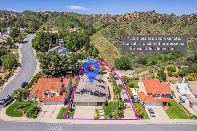 birds eye view of property featuring a mountain view and a residential view