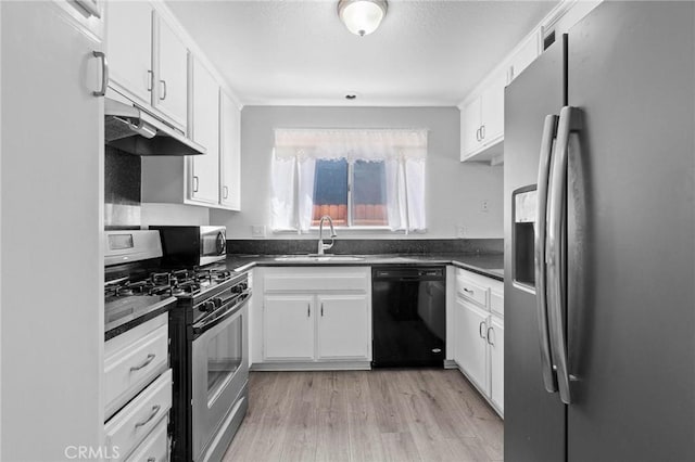 kitchen featuring dark countertops, white cabinetry, a sink, and appliances with stainless steel finishes