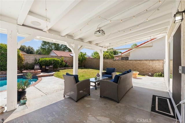 27884 Beacon St, Castaic, CA 91384 - view of patio featuring a pool with connected hot tub, outdoor lounge area, and a fenced backyard