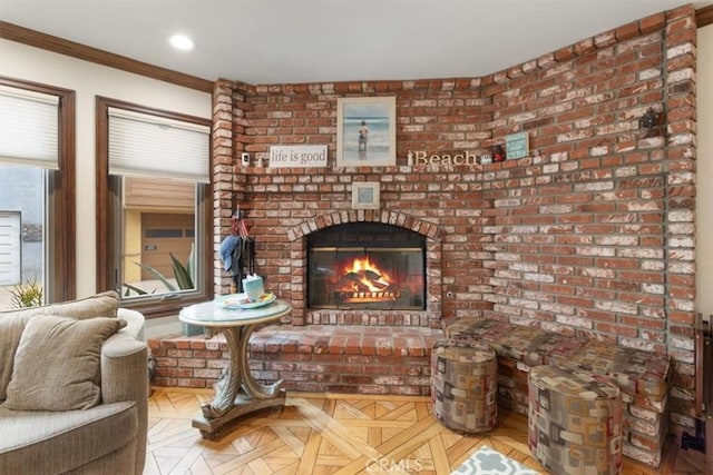 57 B Surfside Ave, Surfside, CA 90743 - interior space featuring crown molding, recessed lighting, and a brick fireplace