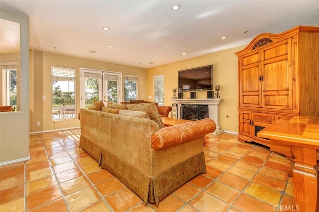 17816 Tuscan Dr, Granada Hills, CA 91344 - living room featuring a fireplace, recessed lighting, baseboards, and light tile patterned floors
