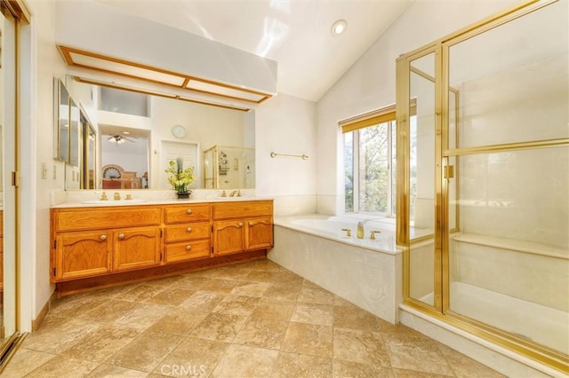 17816 Tuscan Dr, Granada Hills, CA 91344 - bathroom with a garden tub, double vanity, a shower stall, lofted ceiling, and ceiling fan