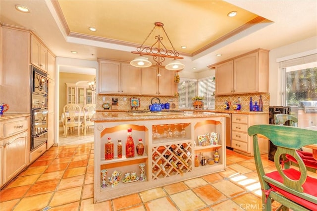 kitchen with open shelves, ornamental molding, light brown cabinetry, a tray ceiling, and backsplash