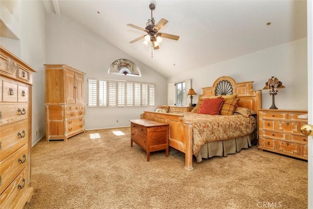 17816 Tuscan Dr, Granada Hills, CA 91344 - bedroom featuring light colored carpet, high vaulted ceiling, and ceiling fan