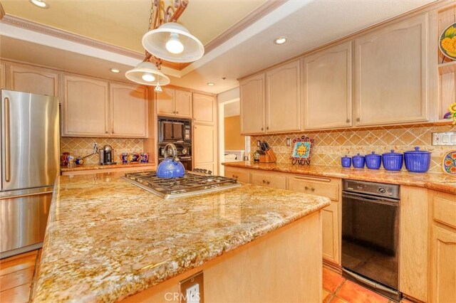 17816 Tuscan Dr, Granada Hills, CA 91344 - kitchen with stainless steel appliances, light stone countertops, crown molding, decorative backsplash, and recessed lighting