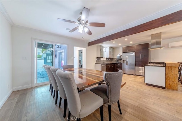 dining space with a ceiling fan, light wood-style flooring, baseboards, ornamental molding, and recessed lighting