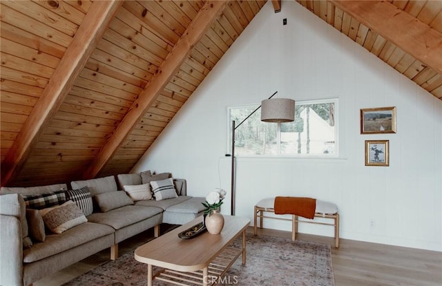 living area with baseboards, wood finished floors, wooden ceiling, and lofted ceiling with beams