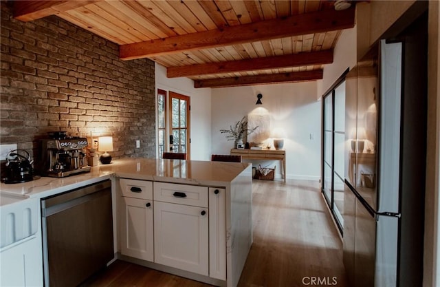 kitchen featuring a peninsula, white cabinetry, dishwasher, wood ceiling, and wood finished floors