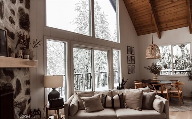living room featuring wood finished floors, high vaulted ceiling, wooden ceiling, and plenty of natural light
