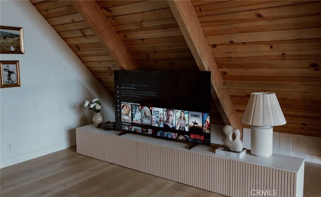 interior details featuring beam ceiling, wooden ceiling, and wood finished floors