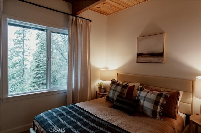 bedroom featuring multiple windows and wooden ceiling