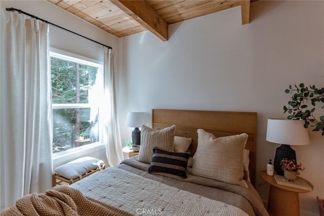 bedroom with wooden ceiling and beamed ceiling