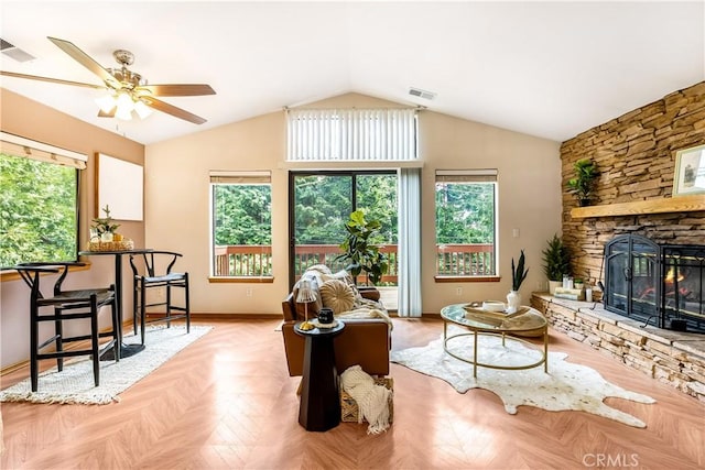 862 Strawberry Peak Rd, Twin Peaks, CA 92391 - living room featuring visible vents, plenty of natural light, and vaulted ceiling