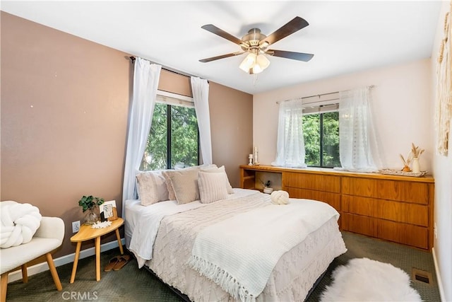 862 Strawberry Peak Rd, Twin Peaks, CA 92391 - bedroom featuring carpet floors, multiple windows, a ceiling fan, and visible vents