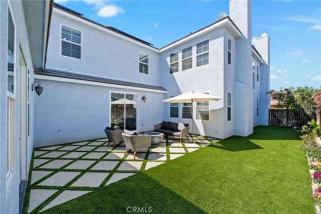 17245 Eagle Canyon Pl, San Diego, CA 92127 - rear view of property featuring a patio, an outdoor living space, stucco siding, and a chimney