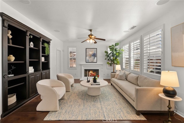 17245 Eagle Canyon Pl, San Diego, CA 92127 - living room with dark wood finished floors, a warm lit fireplace, and healthy amount of natural light