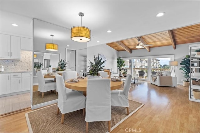 6542 Ocean Crest Dr Unit D308, Rancho Palos Verdes, CA 90275 - dining area with light wood finished floors, wooden ceiling, recessed lighting, and ceiling fan