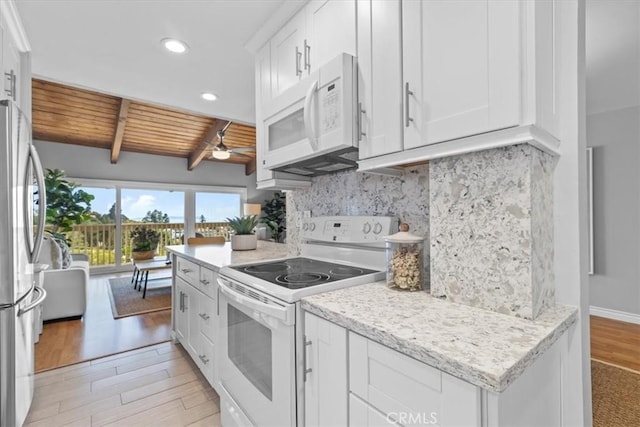 6542 Ocean Crest Dr Unit D308, Rancho Palos Verdes, CA 90275 - kitchen featuring white appliances, light wood finished floors, beam ceiling, backsplash, and a ceiling fan