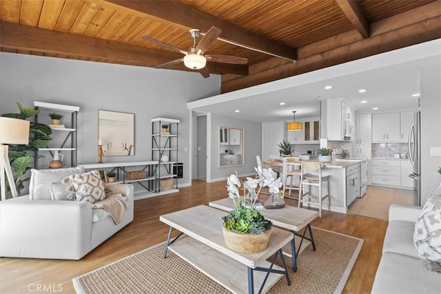 6542 Ocean Crest Dr Unit D308, Rancho Palos Verdes, CA 90275 - living room featuring wood ceiling, light wood-style floors, a ceiling fan, beamed ceiling, and recessed lighting
