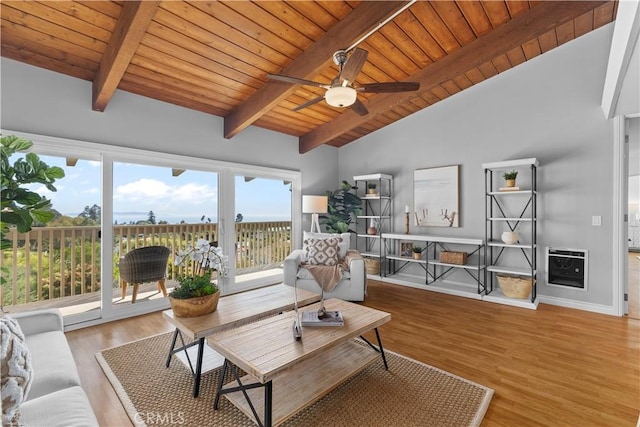 6542 Ocean Crest Dr Unit D308, Rancho Palos Verdes, CA 90275 - living room featuring wooden ceiling, wood finished floors, ceiling fan, heating unit, and baseboards