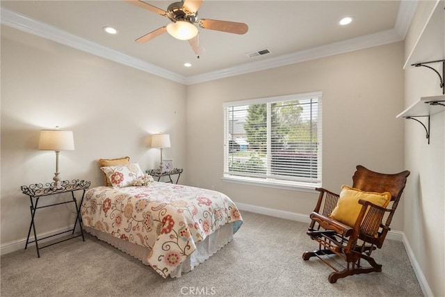 2327 Via Calle Ct, Durham, CA 95938 - carpeted bedroom with a ceiling fan, ornamental molding, visible vents, recessed lighting, and baseboards