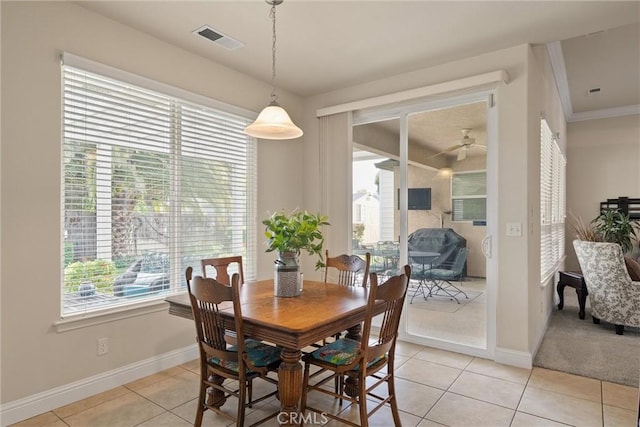 2327 Via Calle Ct, Durham, CA 95938 - dining room with visible vents, ceiling fan, light tile patterned flooring, and baseboards
