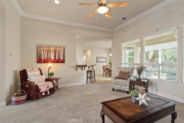 2327 Via Calle Ct, Durham, CA 95938 - living room featuring light carpet, baseboards, crown molding, and ceiling fan