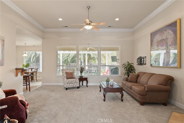 2327 Via Calle Ct, Durham, CA 95938 - living area featuring crown molding, carpet flooring, a ceiling fan, and visible vents