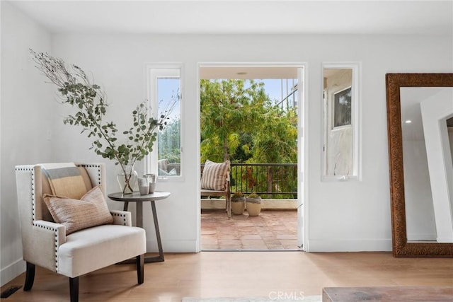 doorway with baseboards and wood finished floors