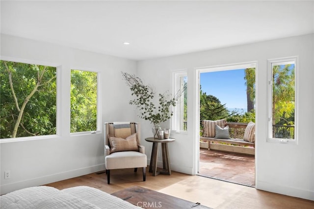 bedroom with access to outside, baseboards, multiple windows, and wood finished floors