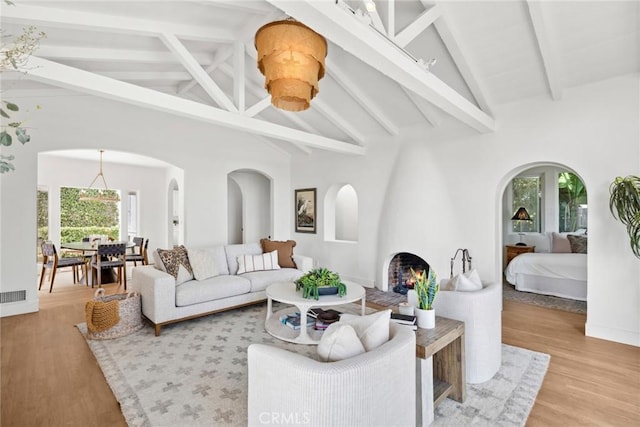 living area featuring light wood-style flooring, beam ceiling, and a wealth of natural light
